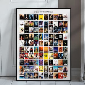 May include: A black and white poster featuring the text "IMDB Top 100 Movies" at the top. The poster is divided into a grid of 100 squares, each containing a different movie poster. The posters are all in black and white, and they are arranged in a random order.