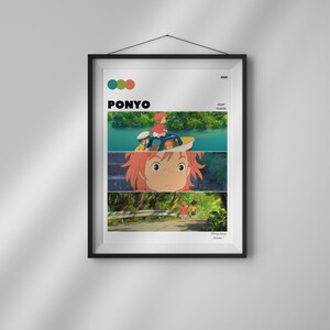 May include: A minimalist poster with a black frame featuring a collage of scenes from the animated film "Ponyo". The poster includes the film's title, release year, director's name, and a quote from the film. The poster is a vibrant and colorful representation of the film's whimsical and charming story.