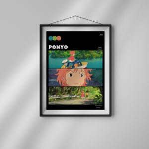 May include: A black and white poster with a colorful circle design in the top left corner. The poster features a still from the animated film "Ponyo" with the title "Ponyo" and the year "2008" in the top right corner. The quote "There's love inside" is at the bottom of the poster.