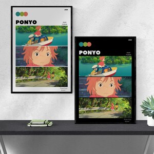 May include: Two minimalist posters with a black frame and a white background. The posters feature a collage of scenes from the animated film "Ponyo" by Studio Ghibli. The posters include the film's title, director, and release year. The text on the posters reads "PONYO", "Hayao Miyazaki", and "2008".