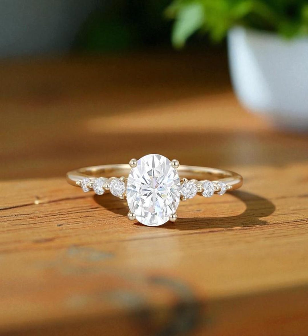 Oval Moissanite Engagement Ring –dainty Gold Ring With Side Stones ...