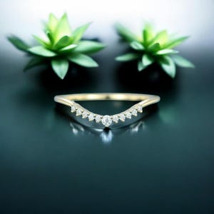 Unique moissanite curved wedding band Vintage yellow gold diamond wedding band Dainty women matching ring Stacking band Promise band