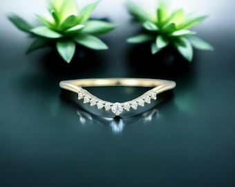 Unique moissanite curved wedding band Vintage yellow gold diamond wedding band Dainty women matching ring Stacking band Promise band