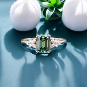 Emerald cut Green Moissanite engagement ring set 14k gold vintage wedding band marquise cut diamond bridal promise Anniversary Gift For Her