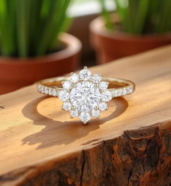 Floral Moissanite Engagement Ring • Vintage Daisy Cluster Ring