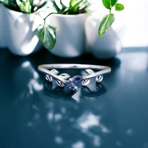 Sapphire Wedding Band Rose Gold Ring, Solid Gold Marquise Sapphire Ring, Leaf Vine Matching Stacking Ring, Anniversary Ring Gift For Women
