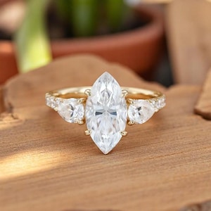 2.00CT Marquise Cut Moissanite Engagement Ring |Solid Gold Three Stone Ring with Pear and Round Accents |Bridal Jewelry |Custom Promise Ring