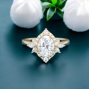 Oval cut Moissanite engagement ring women Vintage Yellow gold moissanite engagement ring art deco Cluster ring Bridal Promise  ring