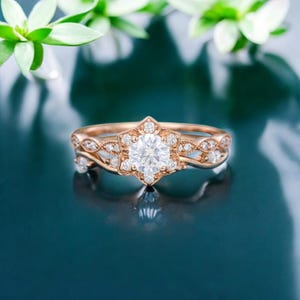 Round Cut Moissanite Engagement Ring Set-Unique Halo Diamond Wedding Ring Set-Vintage Bridal Ring Set-Promise Anniversary Gift Ring For Her.