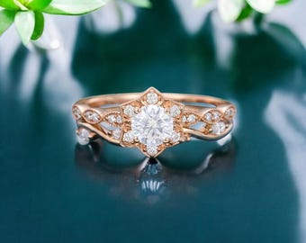 Round Cut Moissanite Engagement Ring Set-Unique Halo Diamond Wedding Ring Set-Vintage Bridal Ring Set-Promise Anniversary Gift Ring For Her.