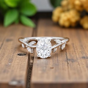 Oval Moissanite Engagement Ring – Leaf Branch Design–Nature Inspired Solitaire Ring– Dainty Alternative Bridal Jewelry–Handmade Promise Ring