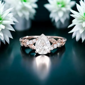 Vintage Style Moissanite Engagement Ring, 1.25CT Pear Cut Moissanite Wedding Ring, Promise Anniversary Gift, Bridal Leaf Ring for Women