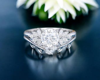 Round moissanite engagement ring set Vintage Cluster engagement ring women Unique Rose gold engagement ring Bridal set Wedding Anniversary