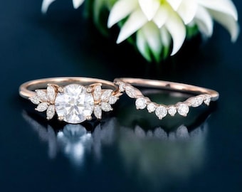 Round cut moissanite engagement ring set 1.0ct dainty moissanite Bridal Set unique art deco wedding ring for women promise anniversary ring