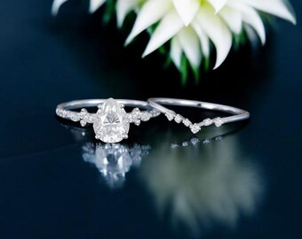 Unique Pear shaped Moissanite engagement ring set Rose gold engagement ring Solid Pear 14K Diamond vintage Bridal anniversary gift for women