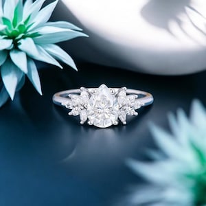 Pear shaped moissanite ring 14k White gold  vintage unique cluster moissanite engagement ring art deco antique diamond wedding ring women