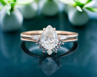Unique Pear shaped Moissanite engagement ring set Rose gold engagement ring Solid Pear 14K Diamond vintage Bridal anniversary gift for women