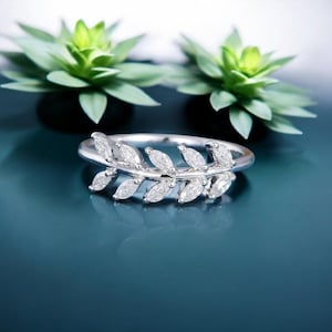 Marquise cut Moissanite Curved wedding band vintage rose gold wedding ring Leaf Branch ring diamond band Bridal Antique Matching Dainty Band