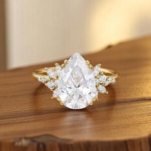 Pear Moissanite Engagement Ring | Teardrop Cut Statement Ring with Marquise and Round Accents| Gold Vintage Cluster Ring| Unique Bridal Ring