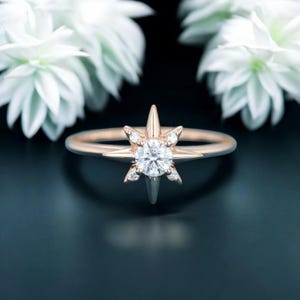 Dainty North Star Ring with Round Brilliant Cut Center Stone - Celestial Starburst Engagement Ring - Starlight Engagement Ring -Gift for Her