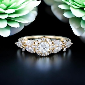 Round Cut Moissanite Engagement Ring, Round Cluster Ring, Dainty 4 Prongs, Wedding Ring, Bridal Ring, Anniversary Gift, For Woman
