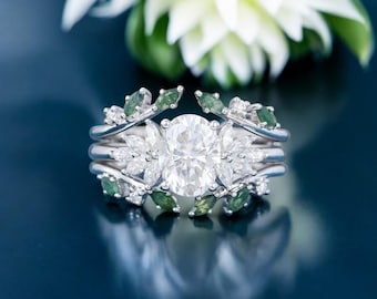 Oval cut Moissanite Engagement ring set Vintage White Gold Bridal ring set Diamond wedding ring set for Women Promise Anniversary ring