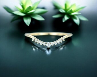 Unique moissanite curved wedding band Vintage yellow gold diamond wedding band Dainty women matching ring Stacking band Promise band