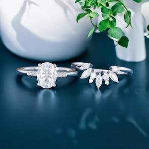 Oval moissanite engagement ring Cluster White gold bridal set Moissanite ring Half eternity pave band Curved band vintage promise ring