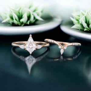Kite cut moissanite engagement ring  set Rose gold engagement ring vintage curved diamond bridal promise gift unique anniversary ring