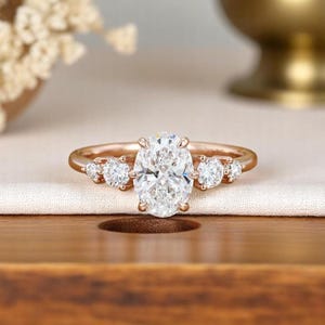 Oval Moissanite Engagement Ring | 5 Stone Vintage Inspired Diamond Alternative Ring | Unique Sparkling Bridal Ring | Custom Anniversary Gift
