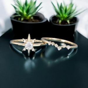 Round cut engagement ring set |moissanite solitair ring |minimalist rose gold ring| stackableb star ring| vintage dainty anniversary ring