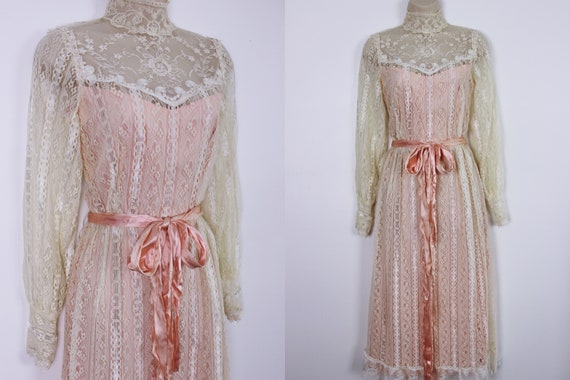 1970's Lace & Pink Prairie Dress ILGWU