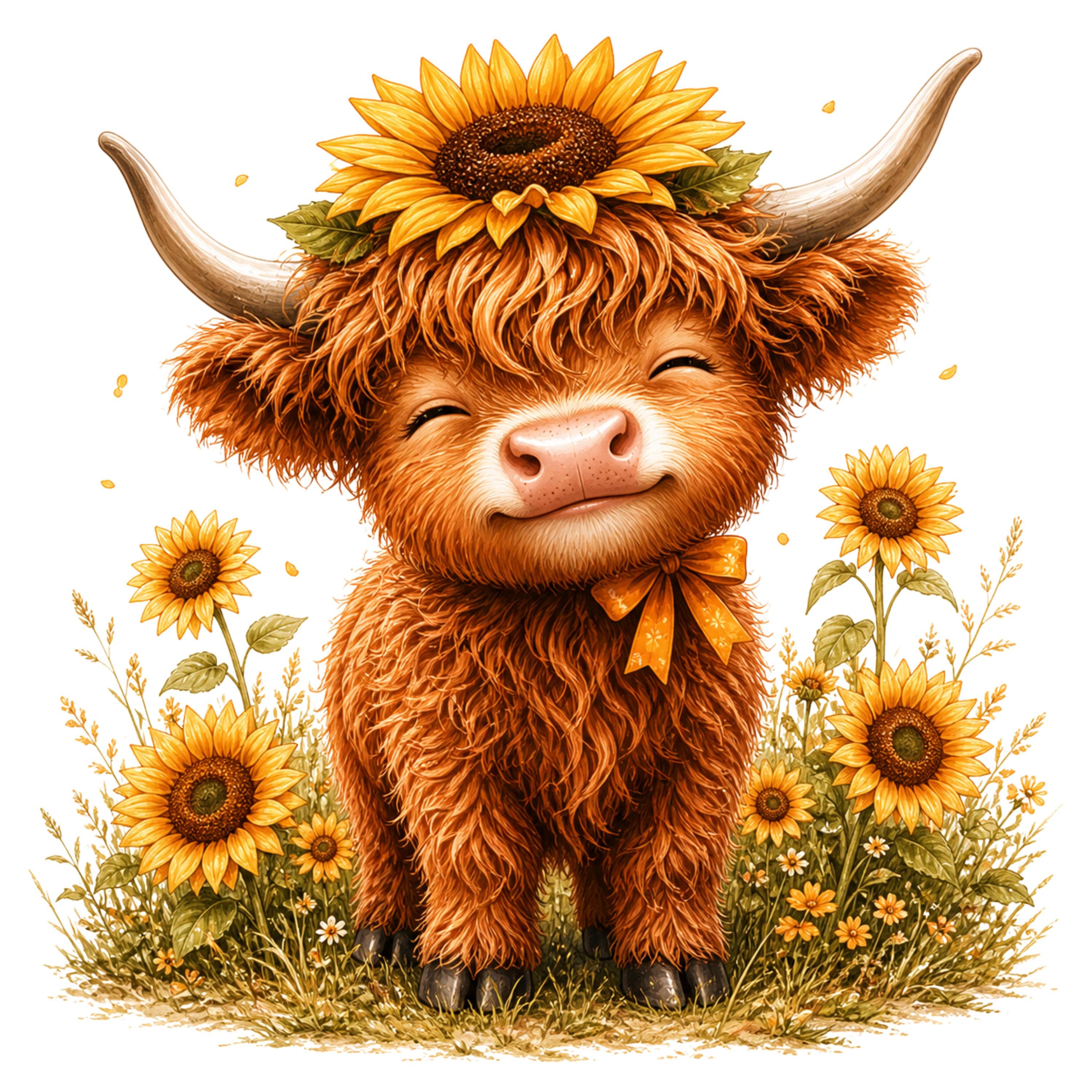 14 Highland Cow Sunflower Clipart PNG, Cute Baby Cow Floral ...