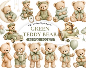 35 Aquarell grün Teddybär Clipart PNG, süße Teddy Bär Illustration, Geburtstag Dekor, Kinderzimmer Dekor, Scrapbook, Sofort Download