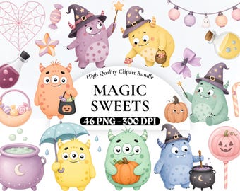 Images clipart d'Halloween : bonbons magiques, PNG mignons pour enfants, friandises de sorcière à télécharger, graphismes de desserts effrayants, art d'Halloween pour chambre d'enfant.