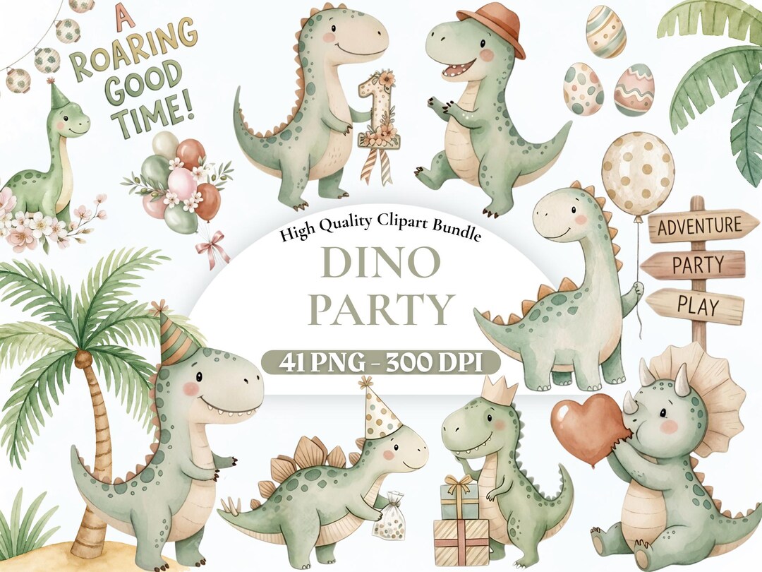 Dino Birthday Clipart Bundle, Dinosaur Party PNG, Cute T Rex Clipart ...