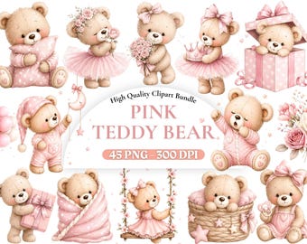 Aquarell rosa Teddy Bär Clipart, niedlichen Baby Bär PNG, rosa Kinderzimmer Kunst, Baby Shower Mädchen Clipart, Kinder Geburtstag Dekor, kommerzielle Nutzung.