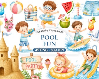 Aquarell Kinder Sommer Pool Party Clipart-Set, Sommer Splash PNG Bündel, süße Pool Illustrationen, Kinder Party Grafiken, kommerzielle Nutzung