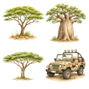 May include: A collection of watercolor illustrations featuring two acacia trees with flat tops, one thick-trunked baobab tree, and a tan off-road vehicle with a giraffe-patterned body, a roll cage, four roof lights, and a spare tire on the back.