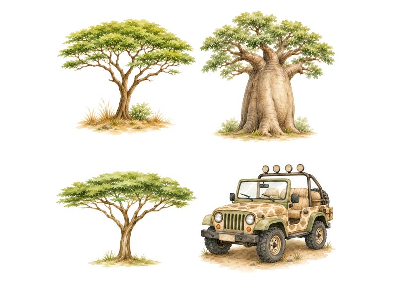 May include: A collection of watercolor illustrations featuring two acacia trees with flat tops, one thick-trunked baobab tree, and a tan off-road vehicle with a giraffe-patterned body, a roll cage, four roof lights, and a spare tire on the back.