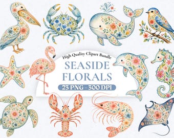 Seaside Floral Coastal Clipart Pack, Watercolor Seahorse, Starfish, Crab, Whale, Octopus, Lobster PNGs for Sublimation, Preppy Summer Design