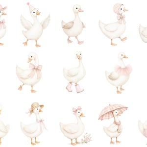 May include: A collection of fourteen white goose illustrations in various poses and outfits, including pink hats, bows, bonnets, rain boots, a tutu, and a plaid umbrella, all rendered in a soft watercolor style against a plain white background.