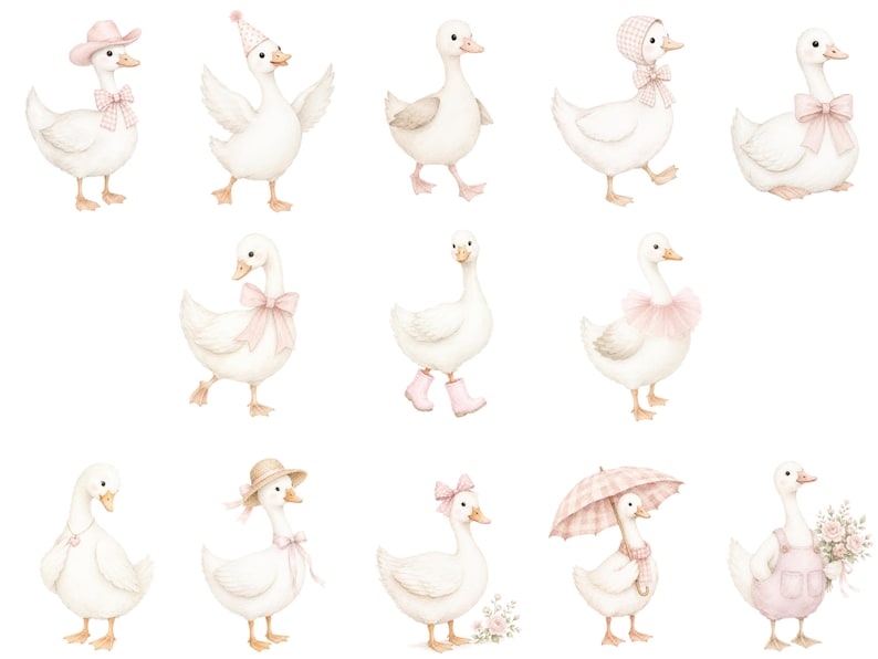 May include: A collection of fourteen white goose illustrations in various poses and outfits, including pink hats, bows, bonnets, rain boots, a tutu, and a plaid umbrella, all rendered in a soft watercolor style against a plain white background.