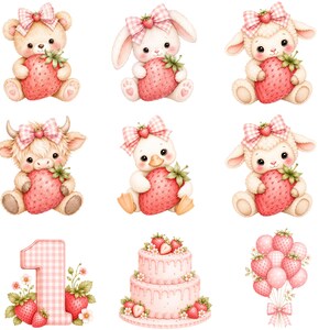 Pu&ograve; includere: Una collezione di illustrazioni digitali con animali carini tra cui un orso, un coniglio, un agnello, una mucca e un anatroccolo, ognuno che tiene una fragola e indossa un fiocco a quadretti rosa. Include anche il numero uno, una torta e palloncini.