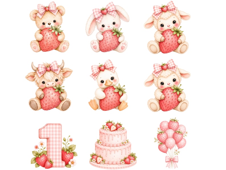 Pu&ograve; includere: Una collezione di illustrazioni digitali con animali carini tra cui un orso, un coniglio, un agnello, una mucca e un anatroccolo, ognuno che tiene una fragola e indossa un fiocco a quadretti rosa. Include anche il numero uno, una torta e palloncini.