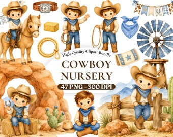以下が含まれることがあります： カウボーイの衣装を着た子供たち、馬、サボテン、風車、投げ縄、ウエスタンアクセサリーの水彩イラストを含むデジタルクリップアートバンドル。テキストには「High Quality Clipart Bundle COWBOY NURSERY 47 PNG - 300 DPI」と書かれています。