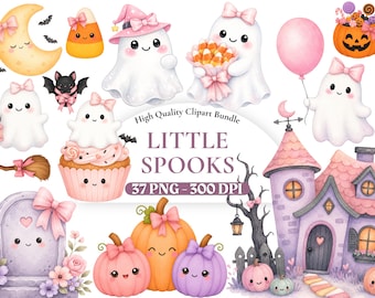 水彩画風の小さな幽霊クリップアートバンドル、かわいいハロウィンの幽霊PNG、パステル調の不気味なキャラクター、子供向けハロウィングラフィック、デジタルダウンロード。