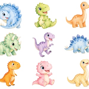 May include: Watercolor illustrations of nine adorable baby dinosaurs in various poses. The dinosaurs are in shades of blue, green, orange, purple, and pink. Each dinosaur has a friendly expression and is set against a white background.