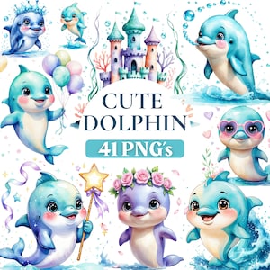May include: A collection of cute, cartoon dolphins in various poses, with a castle and bubbles in the background. The image includes the text "CUTE DOLPHIN" and "41 PNG's". The dolphins are in shades of blue, purple, and pink.