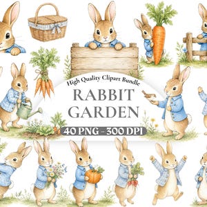 May include: A digital clipart bundle featuring watercolour illustrations of rabbits wearing blue jackets. The collection includes rabbits with carrots, a wicker basket, a wooden sign, a watering can, and garden vegetables. Text reads: High Quality Clipart Bundle RABBIT GARDEN 40 PNG - 300 DPI.